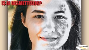 Een gezicht dat van een foto verloopt naar een tekening naar een zwart wit tekening naar nullen en enen.