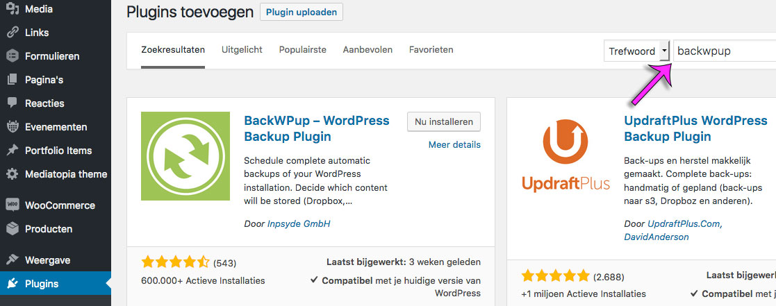 Installeer BackWPup plugin in WordPress website