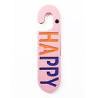 Roze kartonnen deurhanger met het woord happy en sad in oranje en blauw