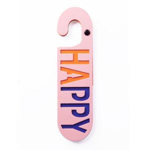 Roze kartonnen deurhanger met het woord happy en sad in oranje en blauw