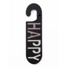 Zwart kartonnen deurhanger met het woord happy in taupe en wit