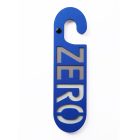 Blauwe kartonnen deurhanger met het woord zero in taupe en wit