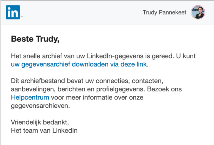 LinkedIn archief downloaden. Mail dat je download klaar staat