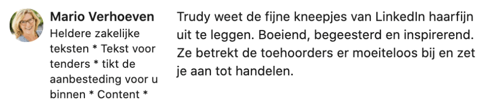 Recensie LinkedIn Trudy Pannekeet door Mario Verhoeven 2020