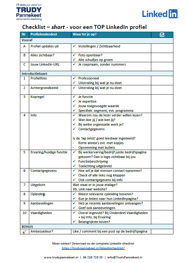 Checklist - voor een TOP LinkedIn profiel KORT