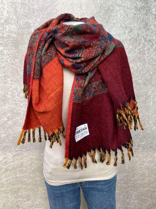 Tibet sjaal Bahru bordeaux-oranje-blauw - Afbeelding 2
