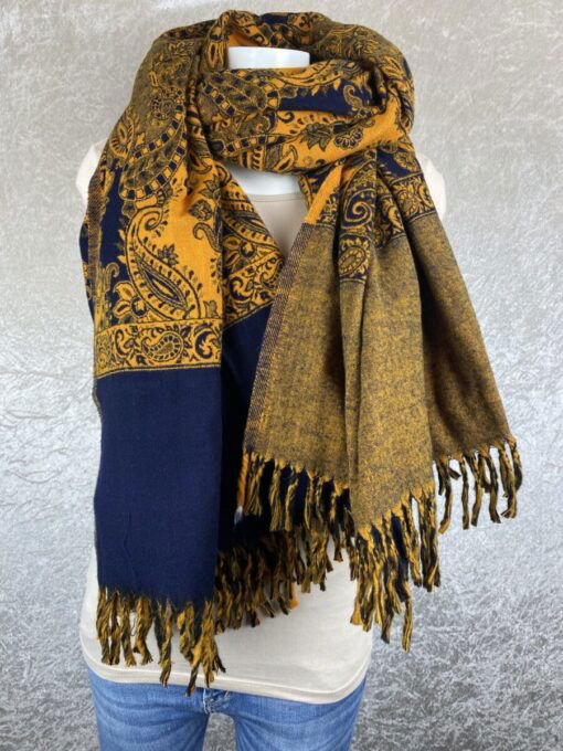 Tibet sjaal Bahru geel donkerblauw - Afbeelding 2