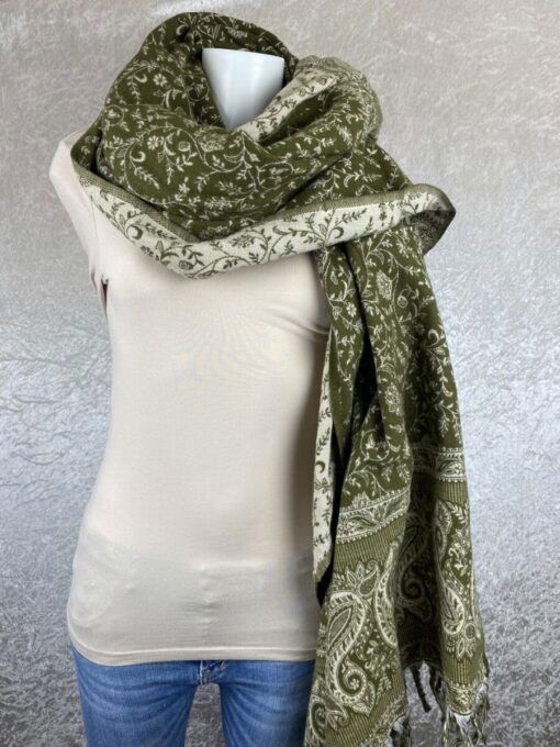 Tibet sjaal paisley legergroen crême - Afbeelding 2